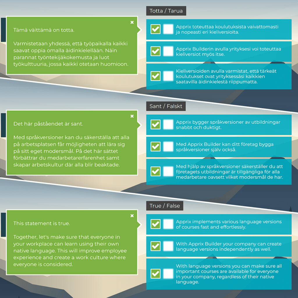 Kuva kieliversioista: sama kuva koulutuksesta suomeksi, englanniksi ja ruotsiksi.